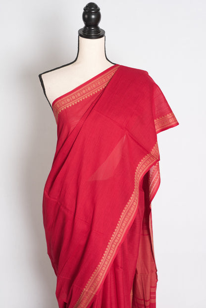 Rich Red Dhaniakhali saree — drape view