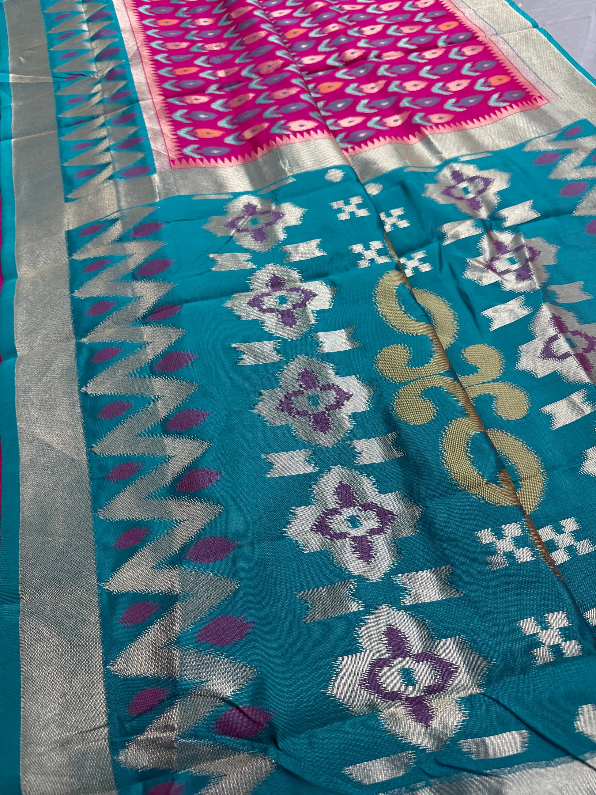 Kalyani | Hot Pink & Rama Green Art Silk Pochampally Saree image 1