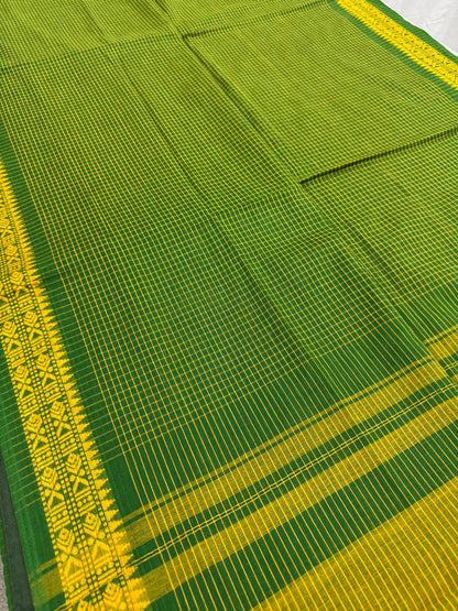 Gayetri : Green and Yellow Micro Checks Soft Cotton Dhaniakhali Saree image 4