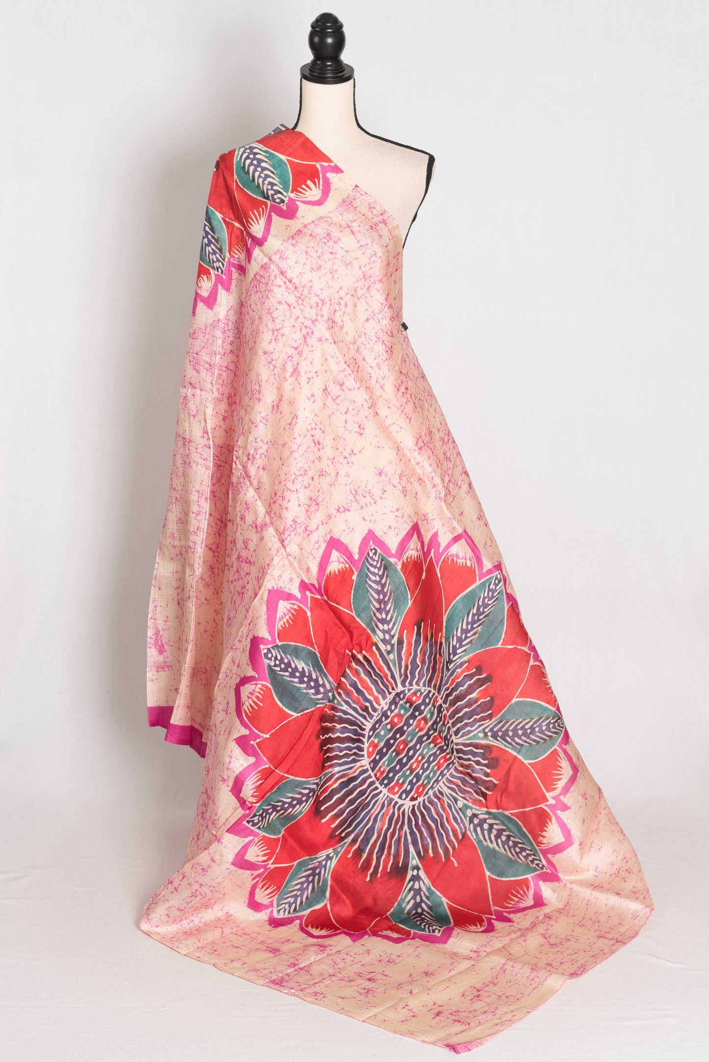 Dhriti : Cream and Pink Contemporary Floral Crack Batik Pure Silk Saree image 1