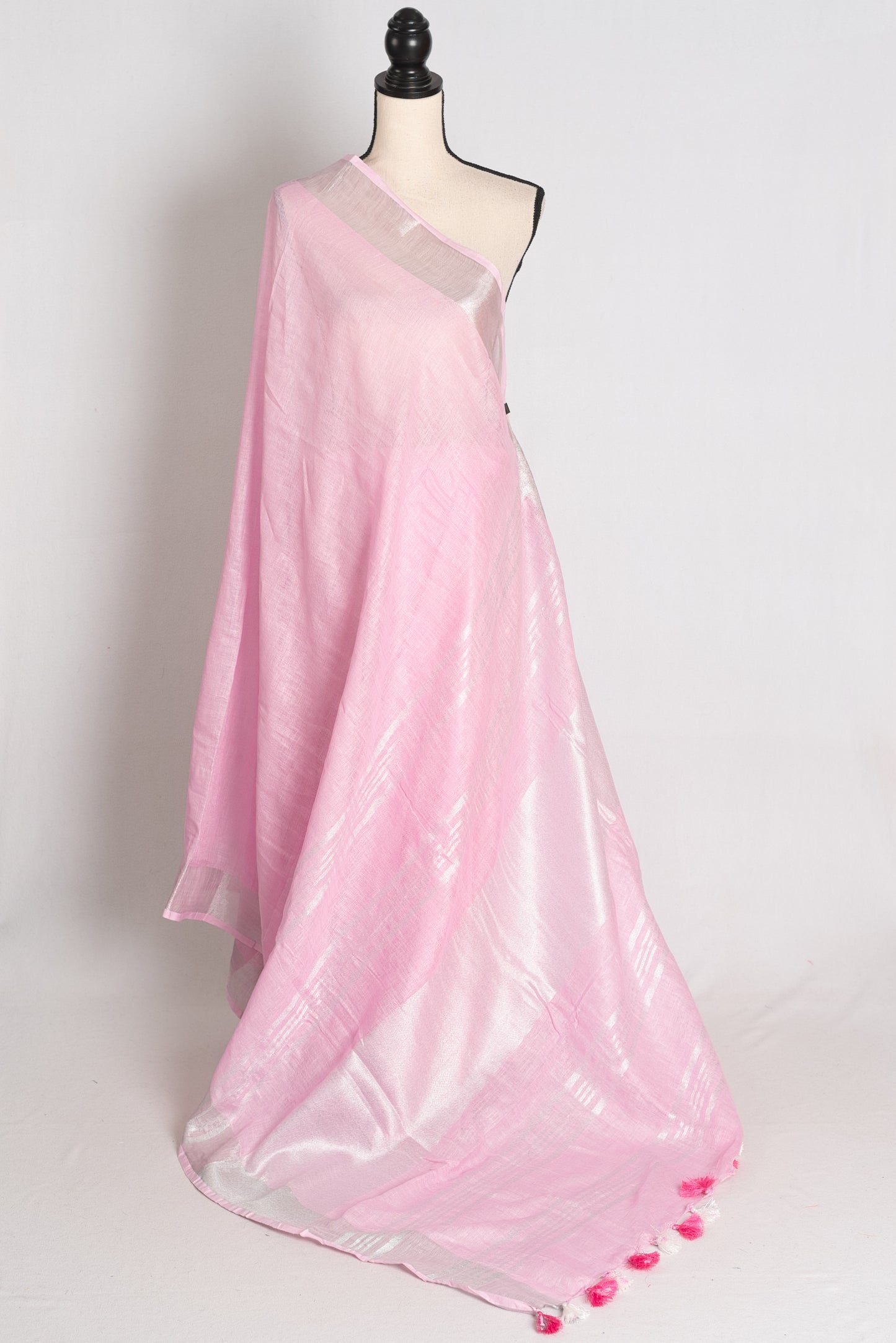 Girija : Baby Pink Pure Linen Saree with Silver Zari Border image 1