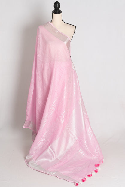 Girija : Baby Pink Pure Linen Saree with Silver Zari Border image 1