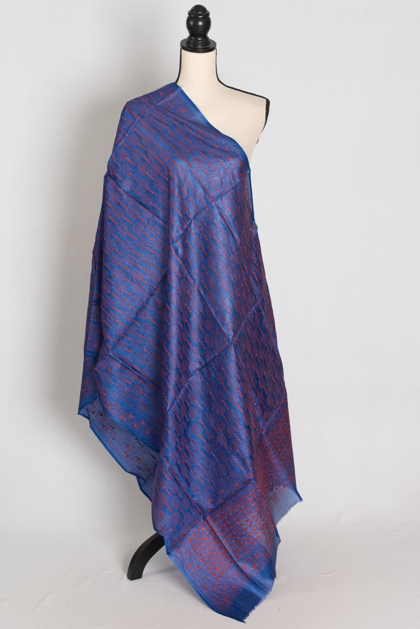 Bengal Kantha Stitch Red Threadwork Blue Tussar Silk Dupatta & Shawl | Mita image 0