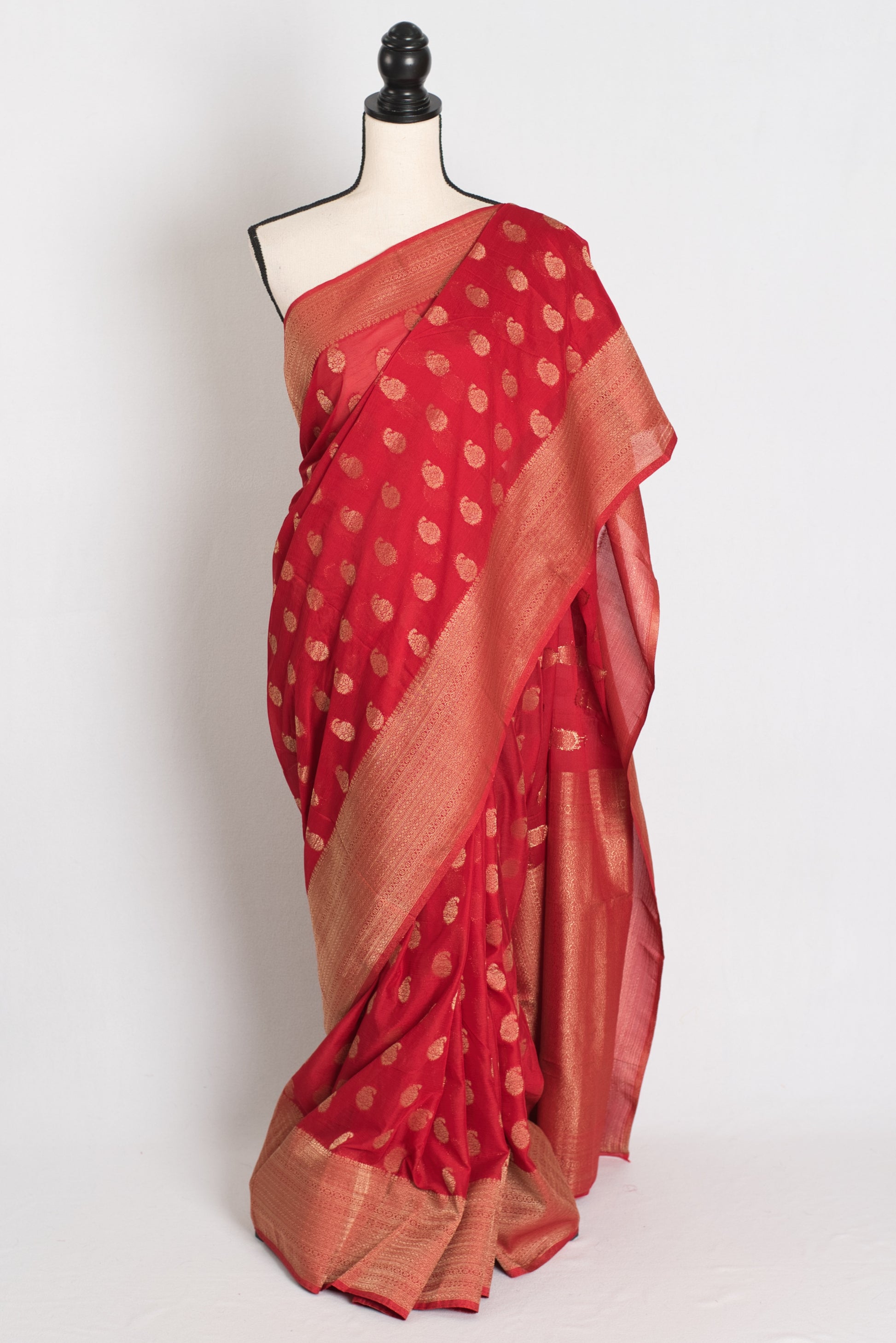 Ruby : Red Semi Georgette Banarasi Saree with Gold Zari Paisley Motifs image 0