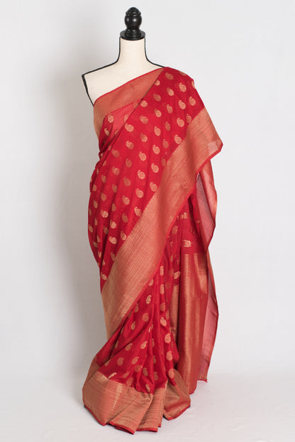 Ruby : Red Semi Georgette Banarasi Saree with Gold Zari Paisley Motifs image 0