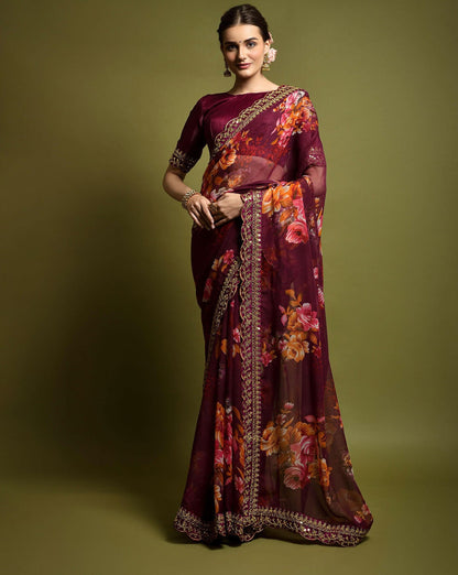 Designer Floral Georgette Partywear Saree in Wine Color.