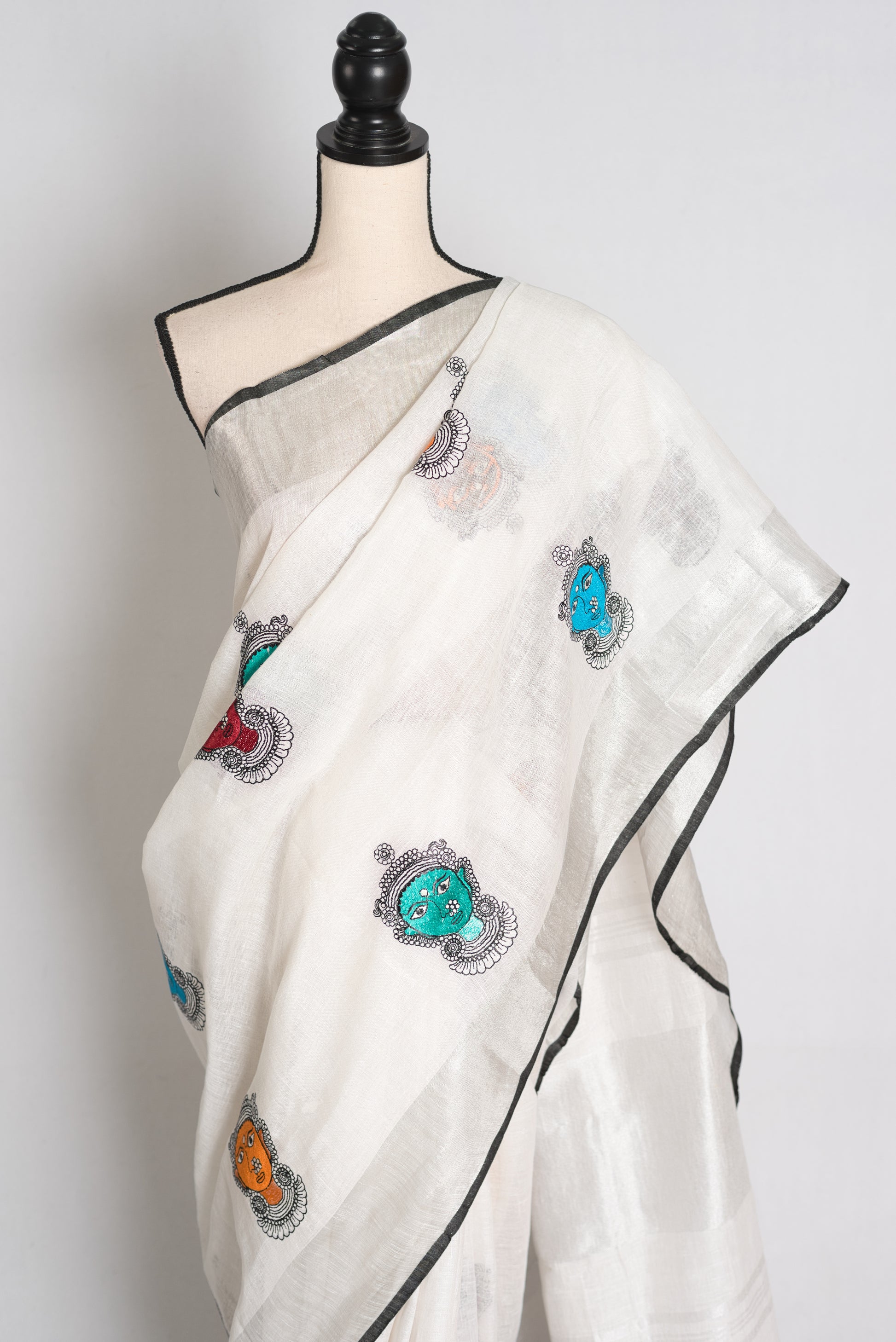 Durga : White Pure Linen Saree with Colorful Durga Face Machine Embroidery image 3