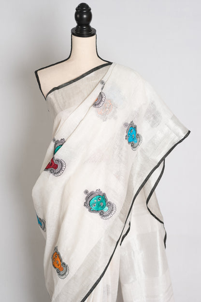 Durga : White Pure Linen Saree with Colorful Durga Face Machine Embroidery image 3