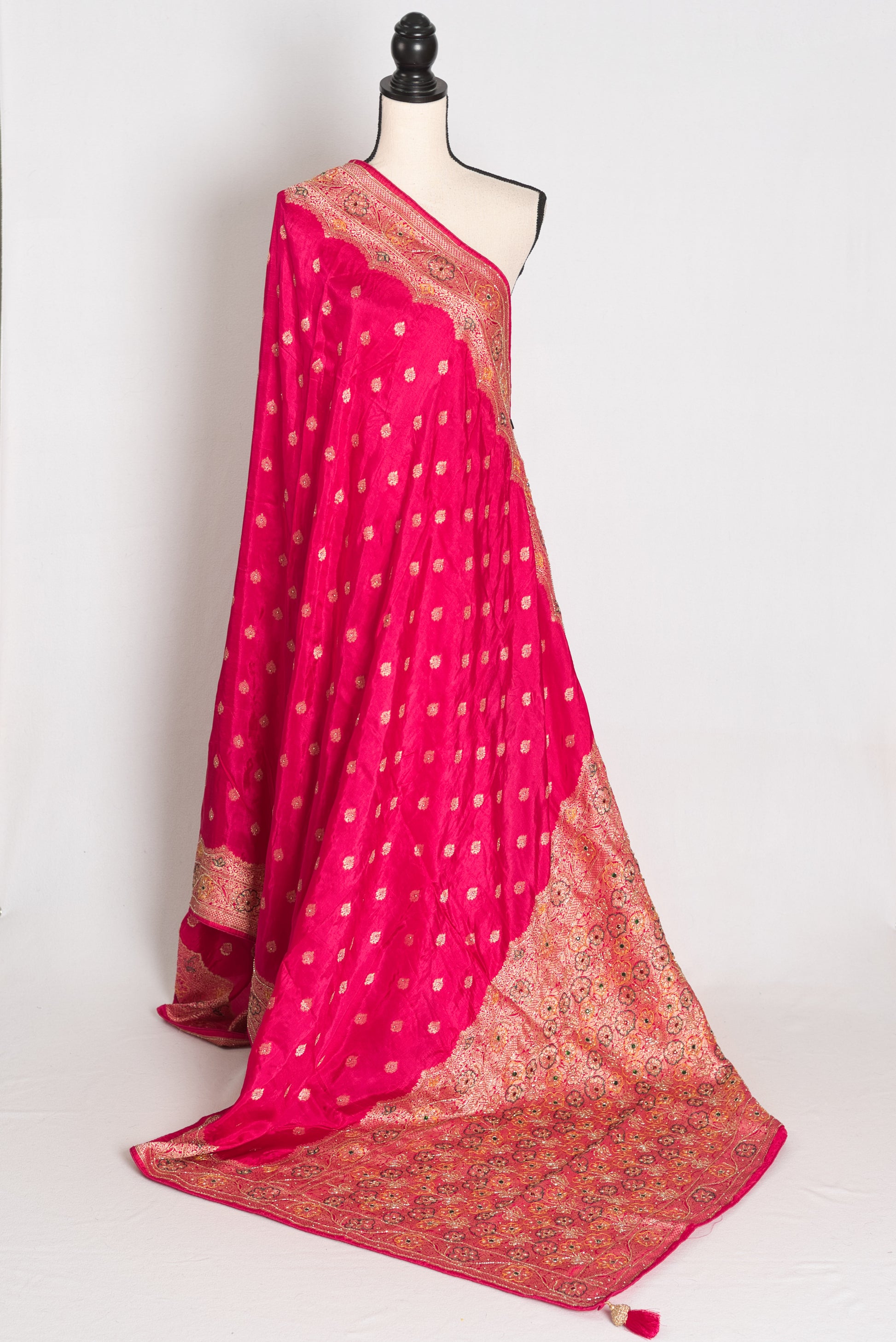Afrin Pink and Gold Hand Embroidered Banarasi Saree with 36 Size Stitched Blouse image 3