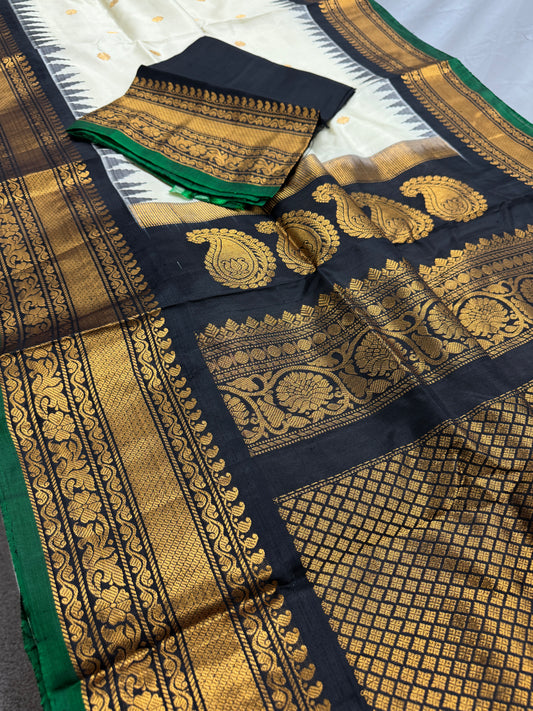 Indira : Silk Mark Certified Gadwal Silk Saree in Cream and Black image 1