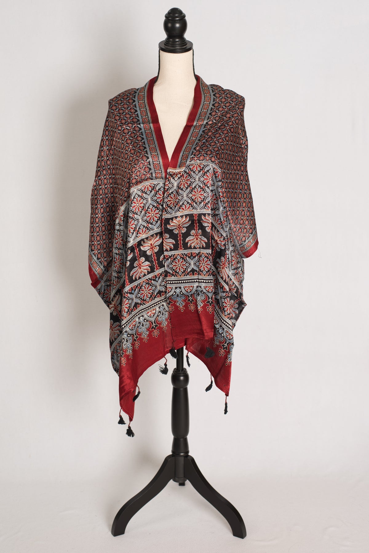 Hand Block Printed Modal Silk Scarf – Luxury Maroon & Black image 2