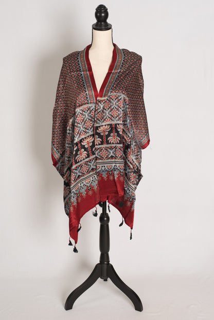 Hand Block Printed Modal Silk Scarf – Luxury Maroon & Black image 2