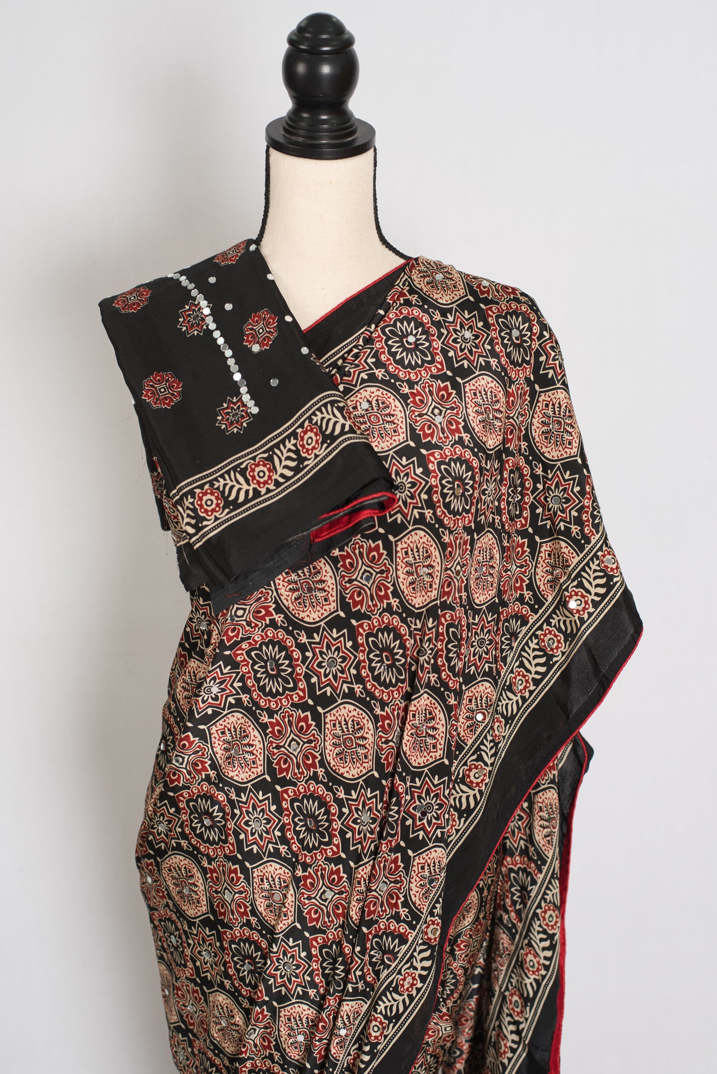 Aliya | Black Ajrakh Printed Mirror Work Saree| Bollywood Inspired Partywear image 2