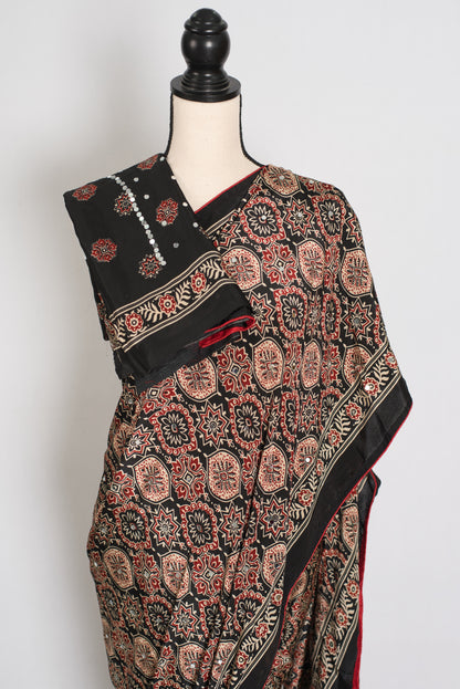 Aliya | Black Ajrakh Printed Mirror Work Saree| Bollywood Inspired Partywear image 2