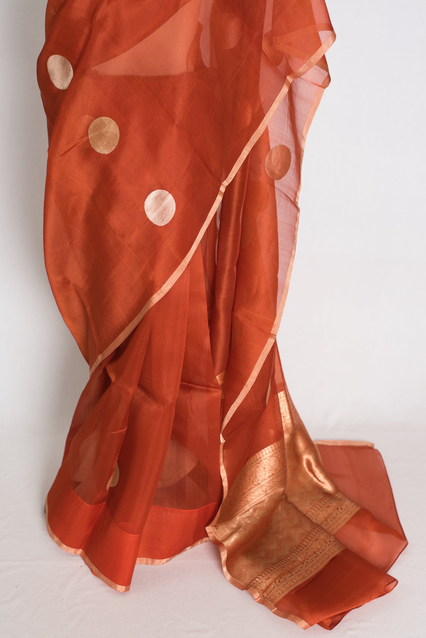 Ira : Rust Brown and Gold Polka Dot Kora Organza Banarasi Saree | Silk Mark image 5