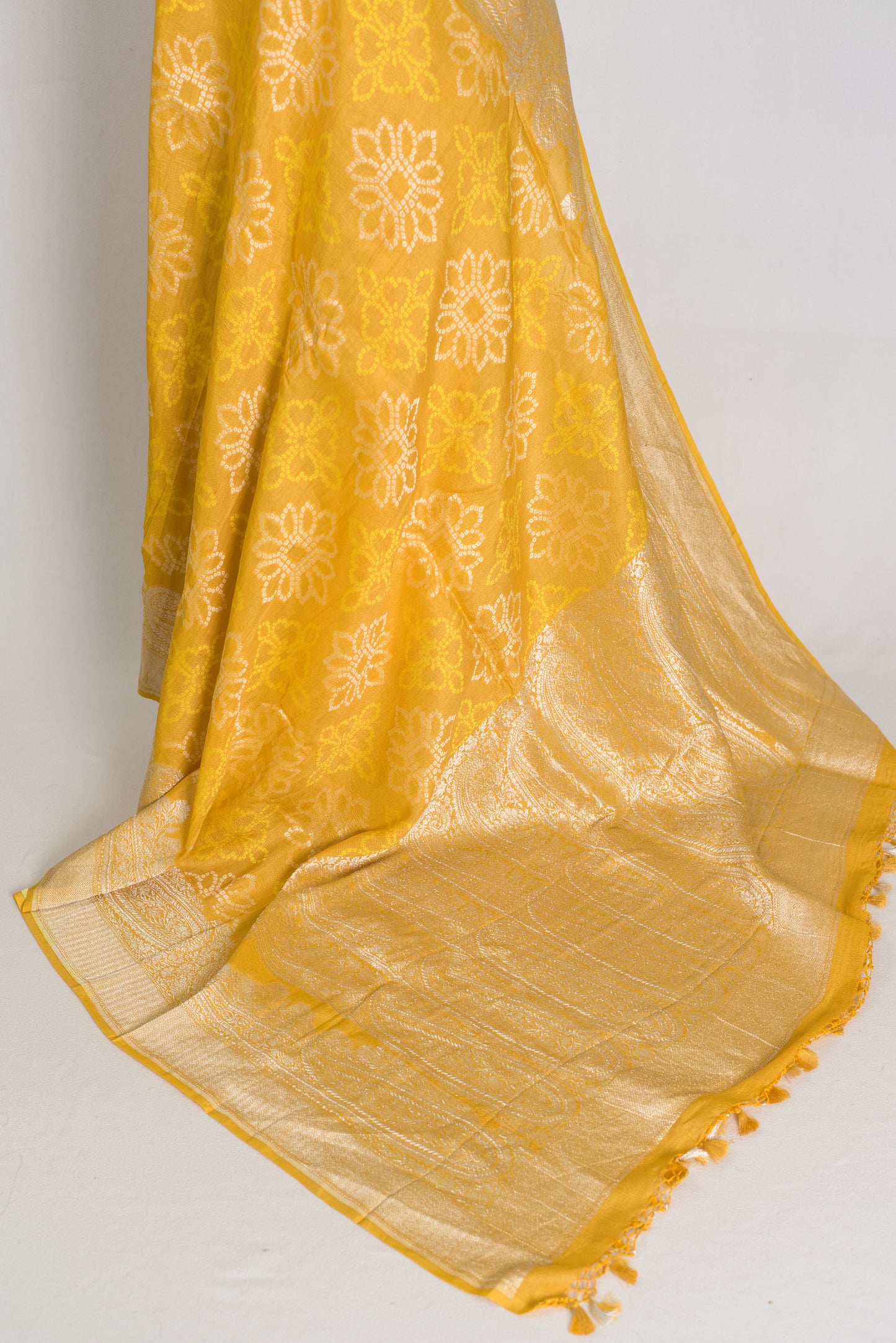 Gauri : Yellow Bandhani Tussar Georgette Banarasi Saree | Silk Mark Certified image 4