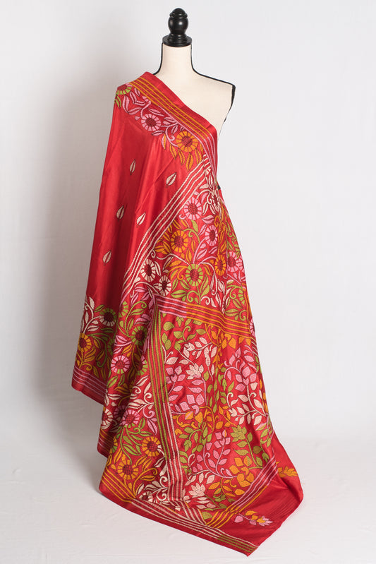 Agni Rekha - Red Blended Silk Hand Embroidered Kantha Stitch Saree image 1