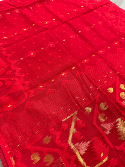 Rupajana : Red Blended Soft Cotton Jamdani Saree image 0