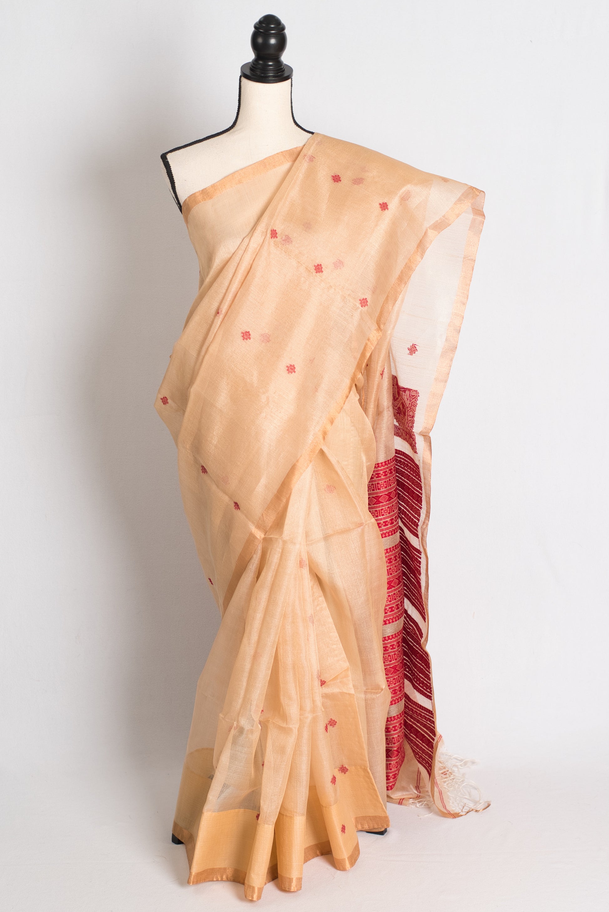 Anwesha : Bengal Handloom Tussar Silk Saree in Beige and Red image 0
