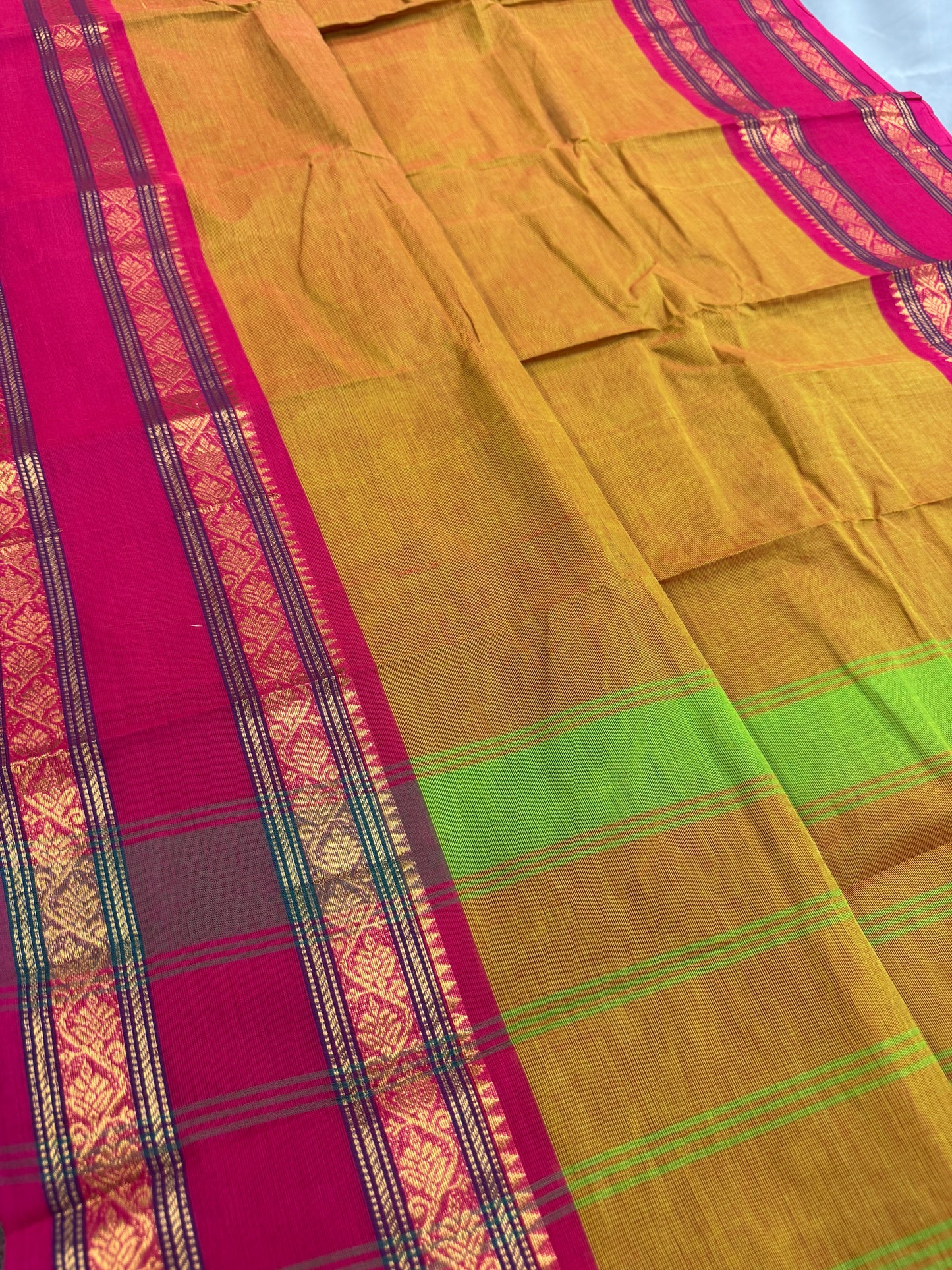 Vrinda : Handwoven Kanchi Cotton Saree in Orangish Yellow with Rani Pink image 3