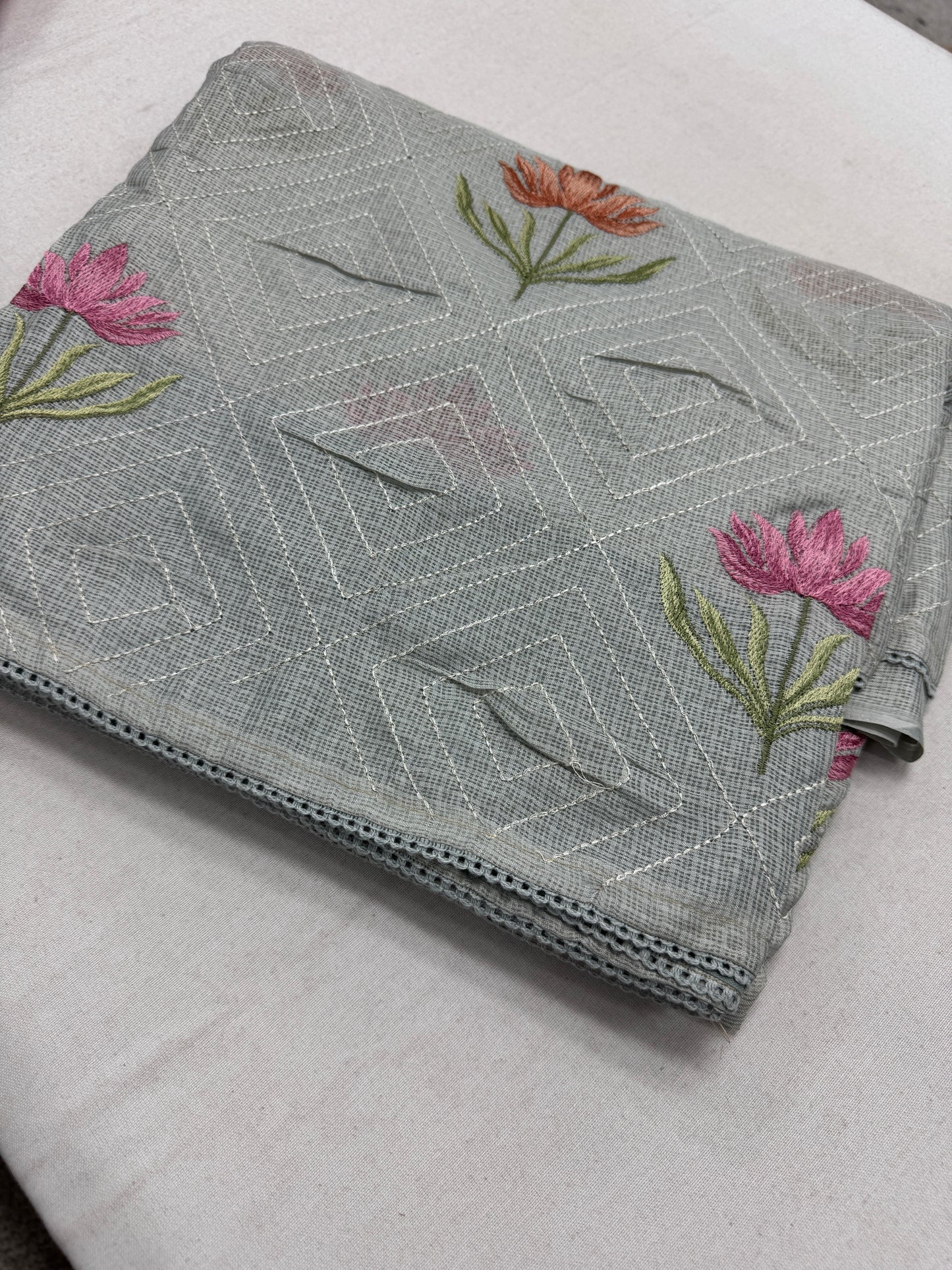 Jessica | Soft Grey Semi Kota Silk Saree | Pastel Floral Machine Embroidery image 1