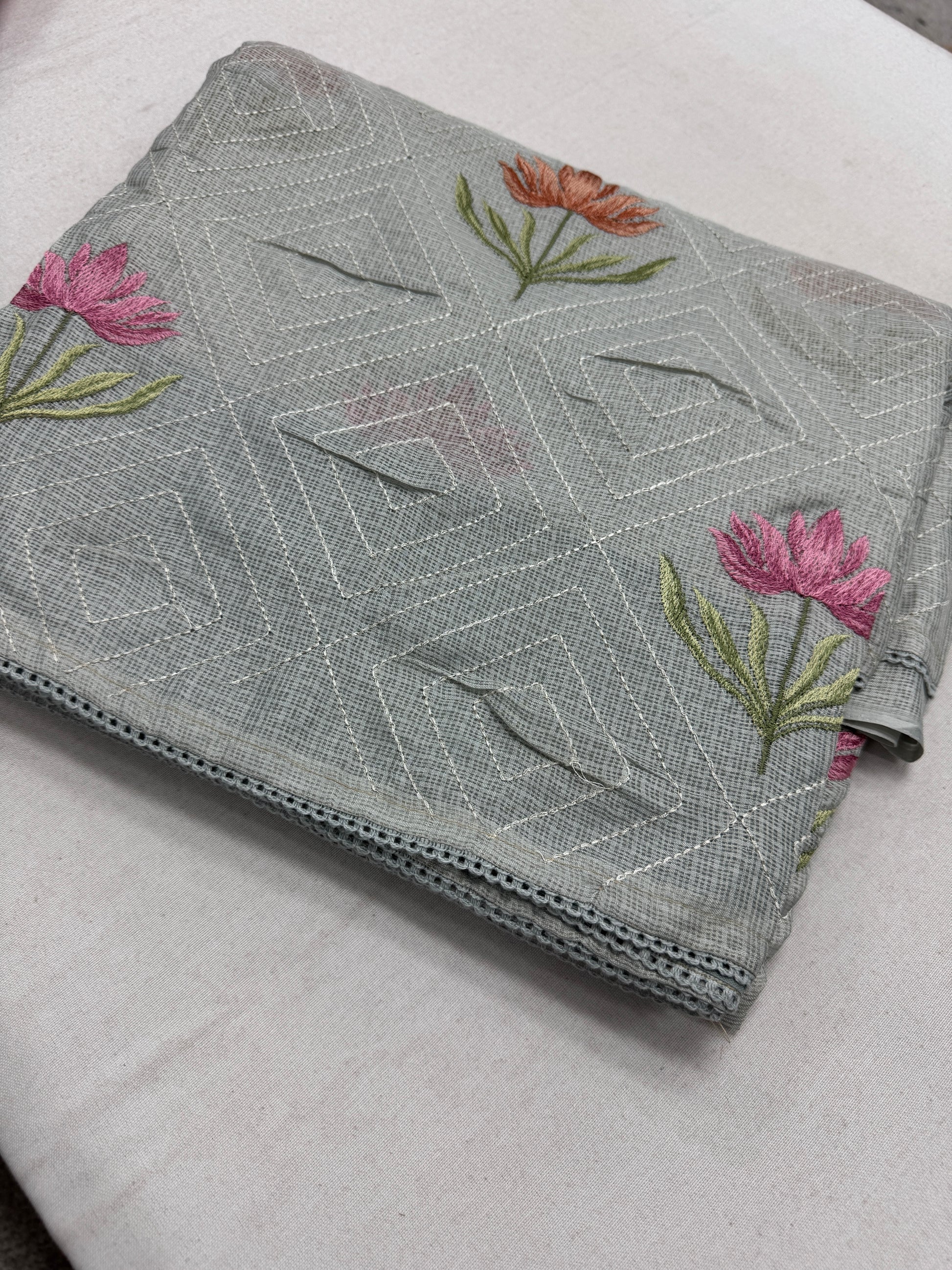 Jessica | Soft Grey Semi Kota Silk Saree | Pastel Floral Machine Embroidery image 1