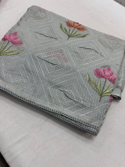 Jessica | Soft Grey Semi Kota Silk Saree | Pastel Floral Machine Embroidery image 1