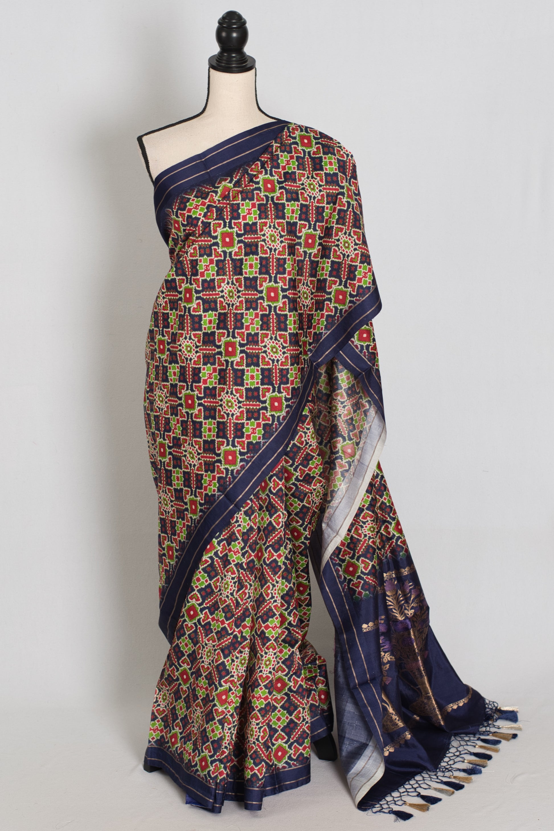 Leela : Navy Blue Ikkat Print Banarasi Silk Saree – with 36 Size Blouse image 0
