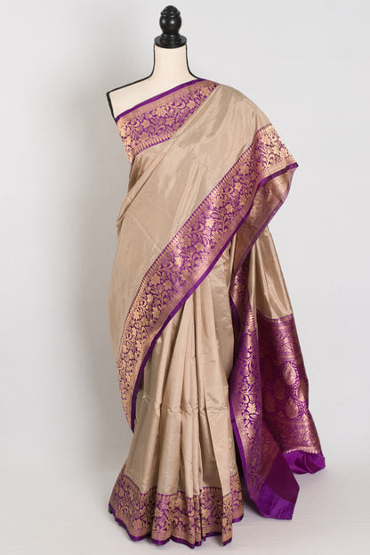 Isha : Certified Silk Banarasi Saree in Clay White and Purple image 0