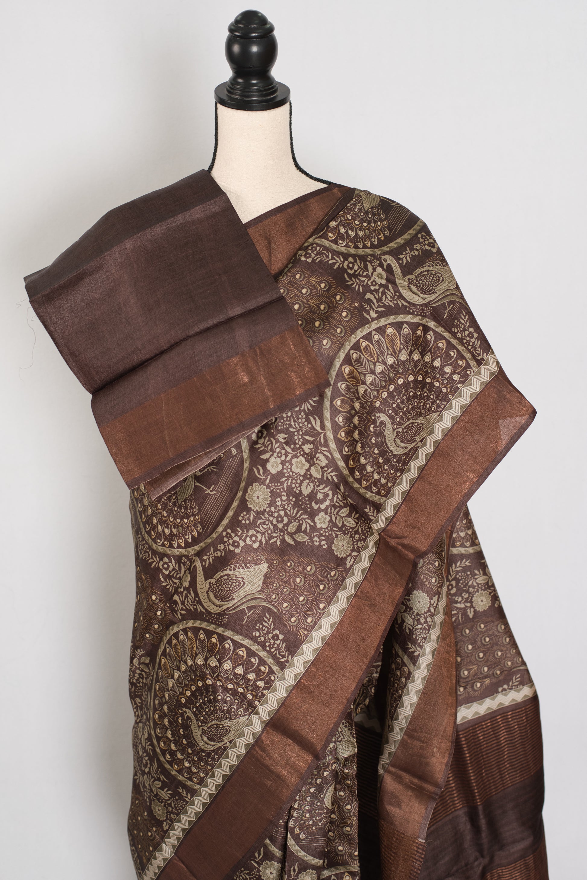 Kala | Earthy Brown Pure Tussar Silk Saree | Heritage Kalamkari Art Prints image 2