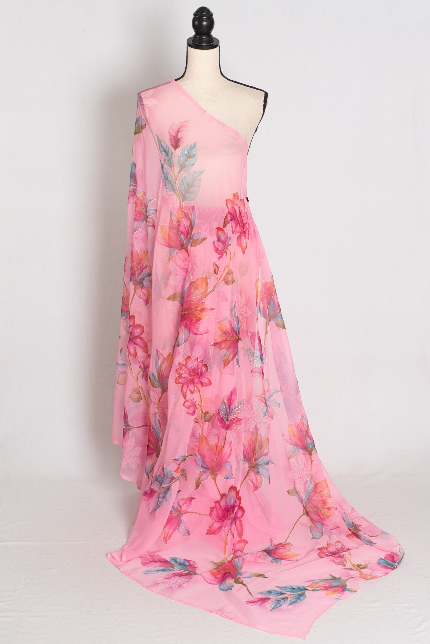 Mou : Bubble Gum Pink Floral Printed Chiffon Saree, Budget-Friendly Summer Drape image 1