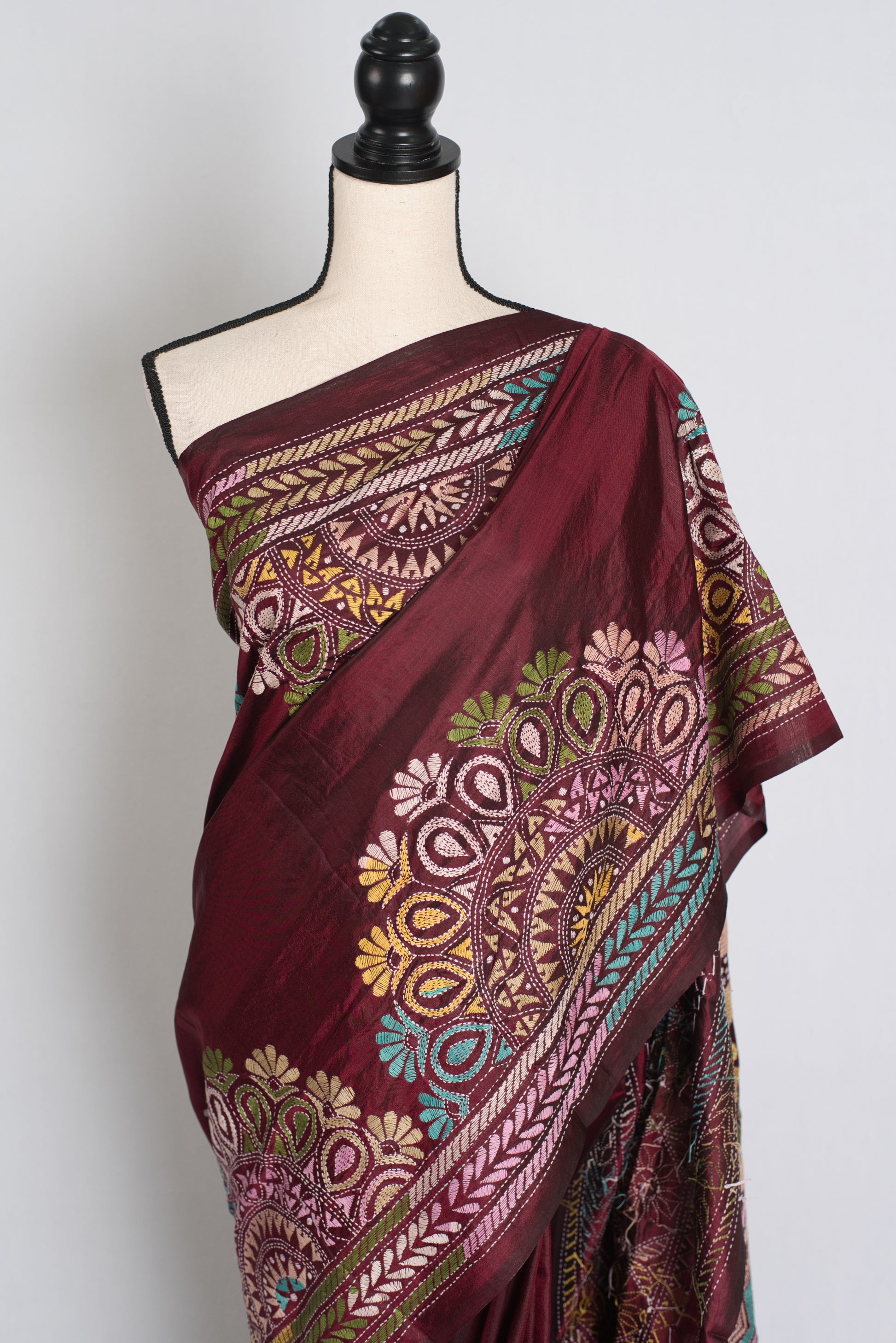 Bandana : Maroon Silk Mark Certified Hand Embroidery Kantha Stitch Saree image 3