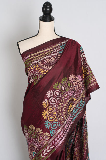 Bandana : Maroon Silk Mark Certified Hand Embroidery Kantha Stitch Saree image 3