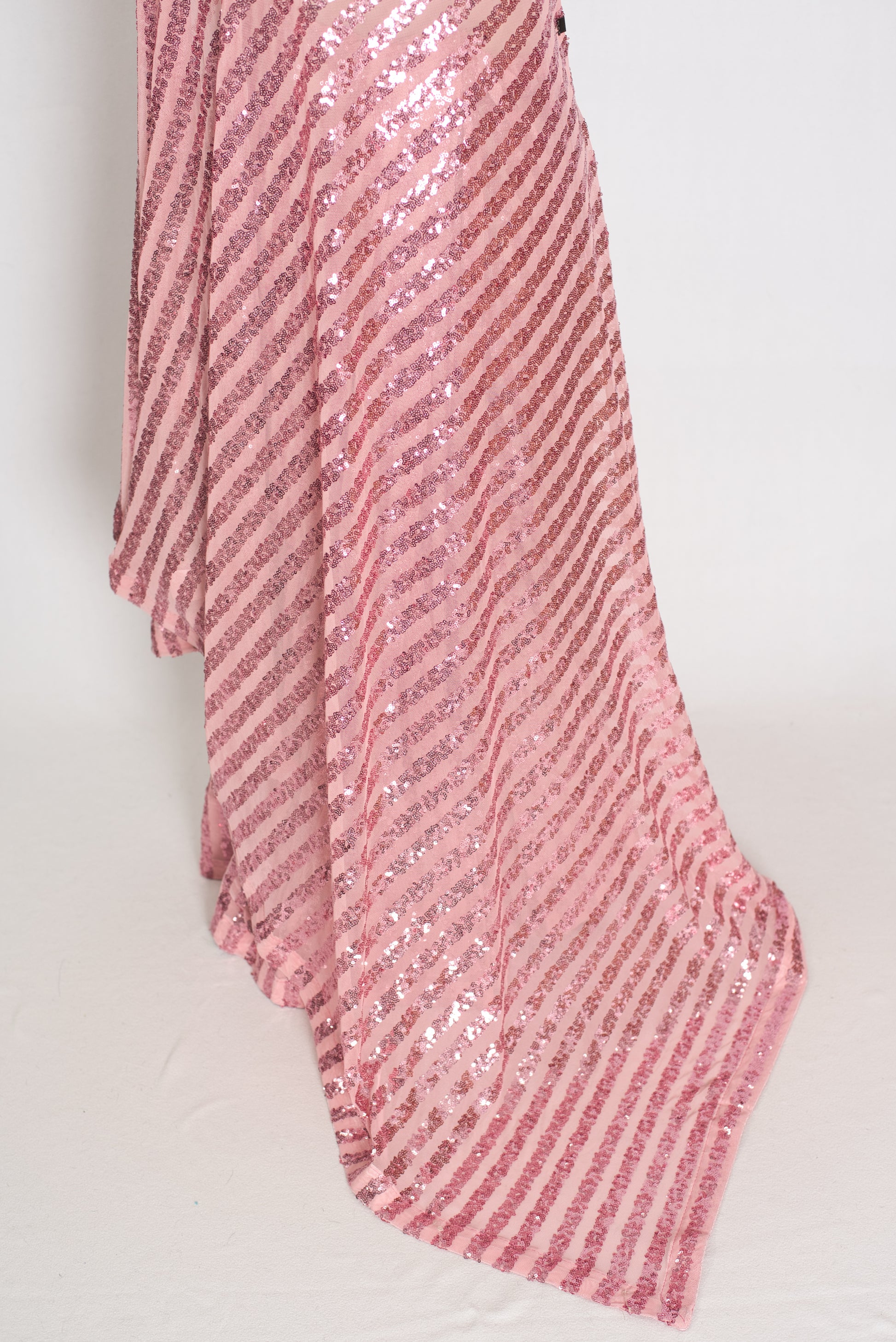 Afrin | Pink Soft Net Sequin Saree | Linear Shimmer Stripe Patterns image 4