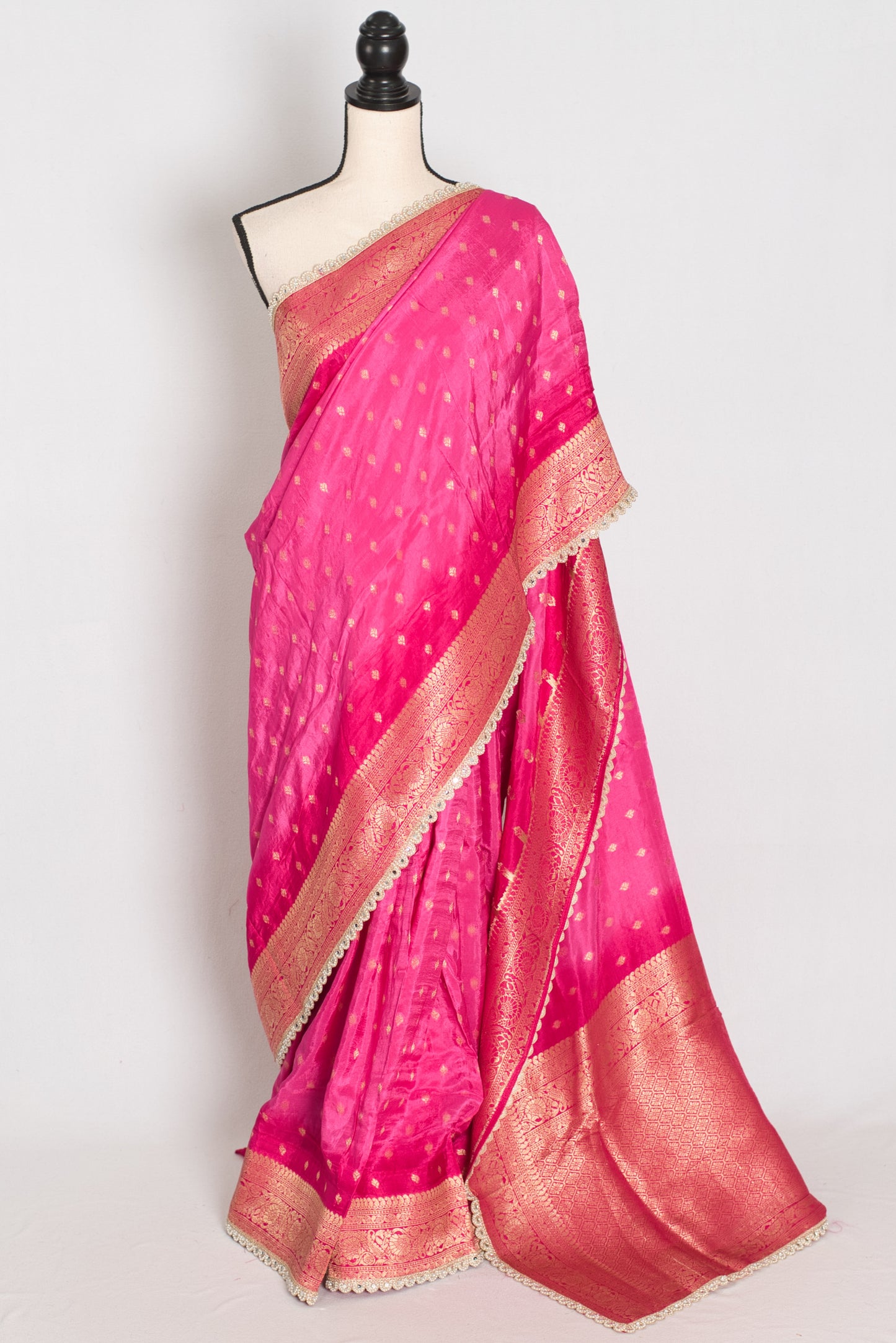 Abira | Pink & Gold Dola Silk Banarasi Saree | Designer Stitched Lace Border image 0