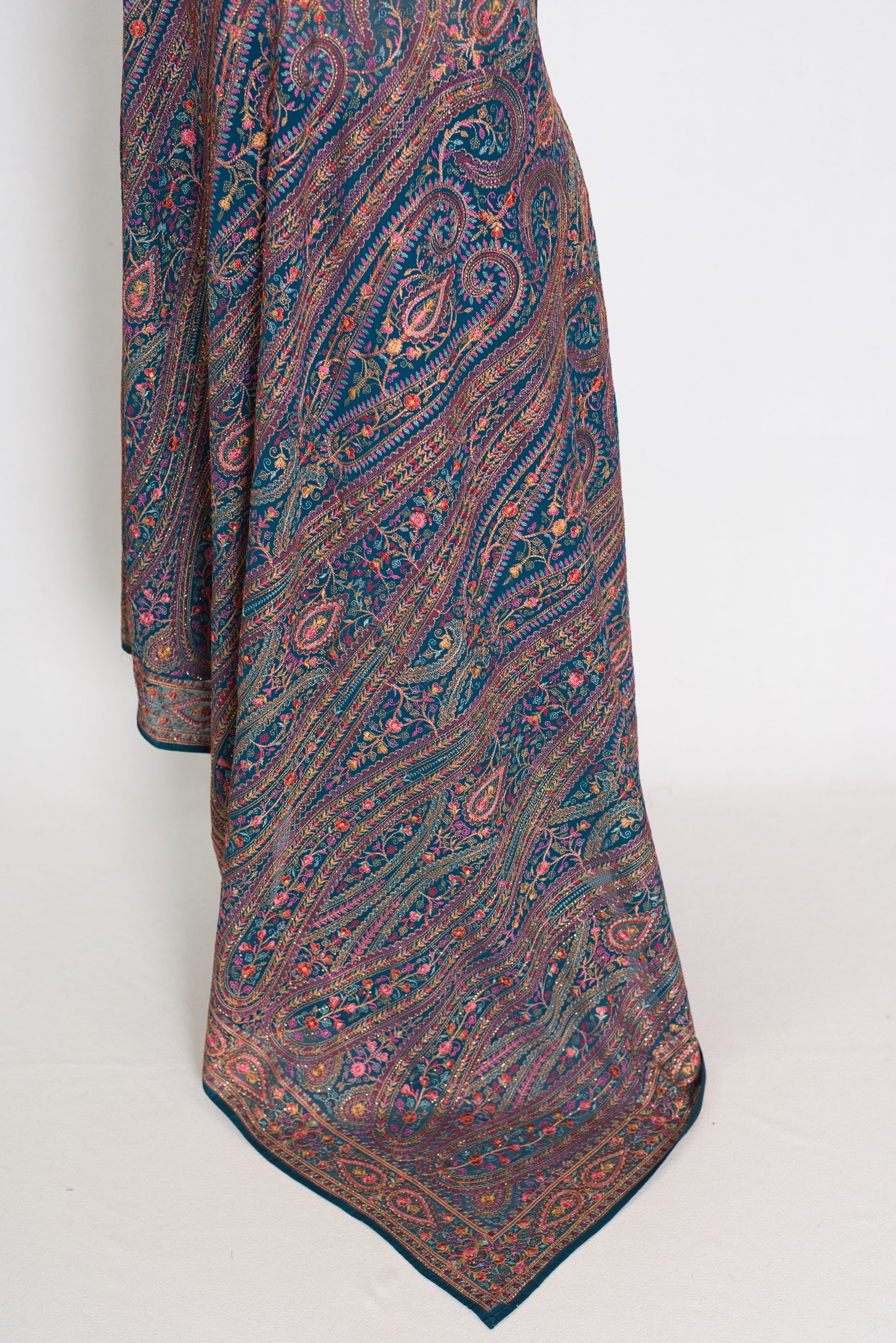 Mira | Cobalt Blue Georgette Saree | All-Over Multicolor Kashmiri Embroidery image 3