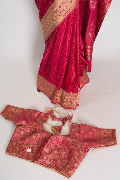 Rosy | Rose Pink Semi Mashru Banarasi Saree | Pre-Stitched Size 40 Blouse image 1