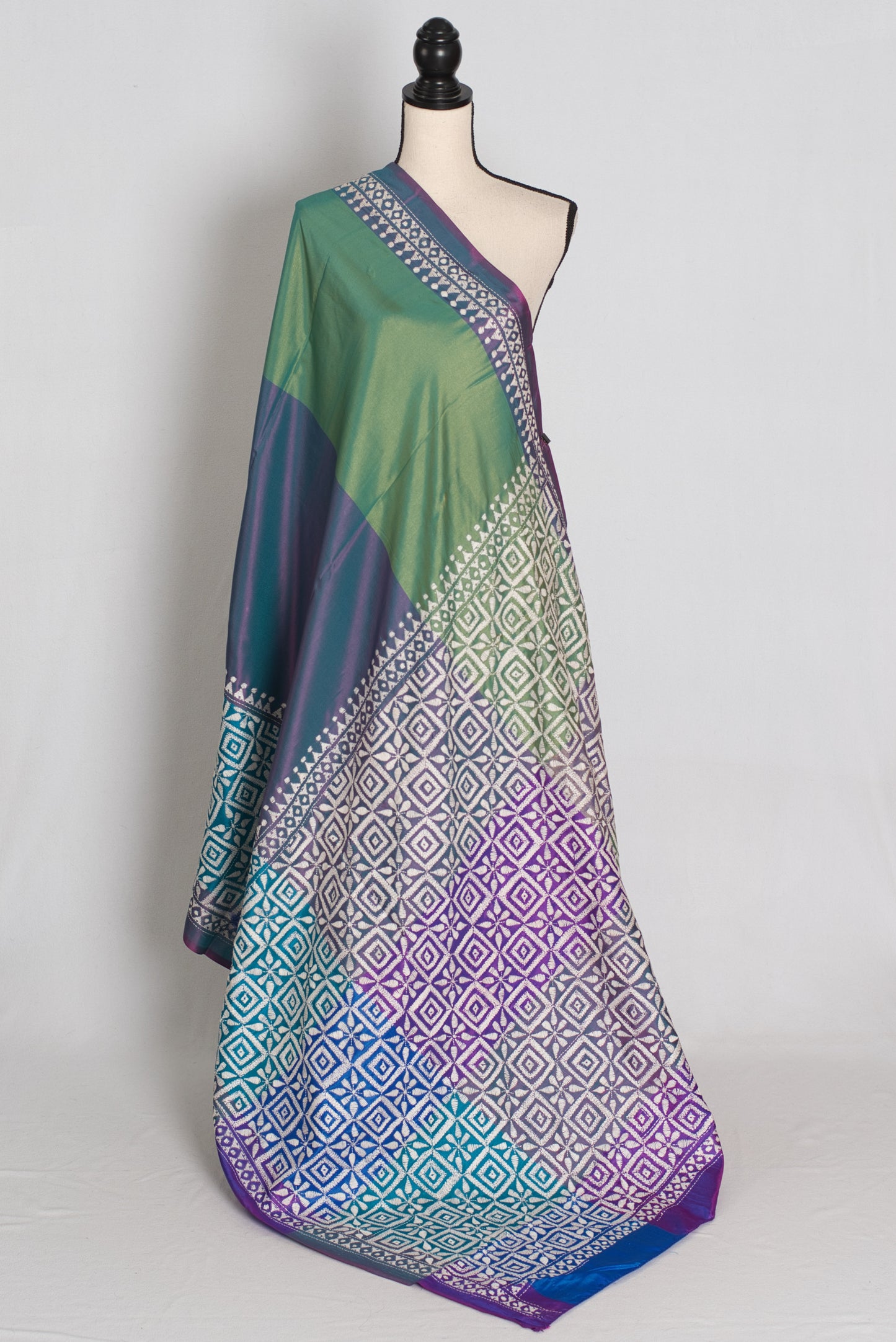 Kavitha : Tri-Color Hand Embroidered Kantha Stitch Bishnupur Blended Silk Saree image 1