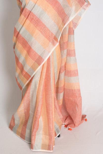 Priya : Pastel Orange and Powder Blue Lateral Striped Pure Linen Saree image 6