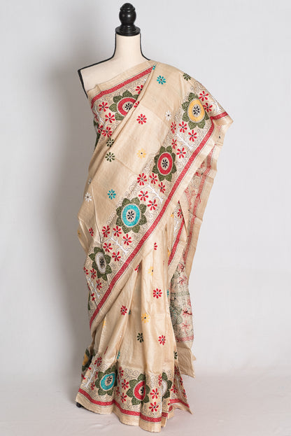 Koli: Beige Hand-Embroidered Kantha Stitch Gachi Tussar Silk Saree image 0