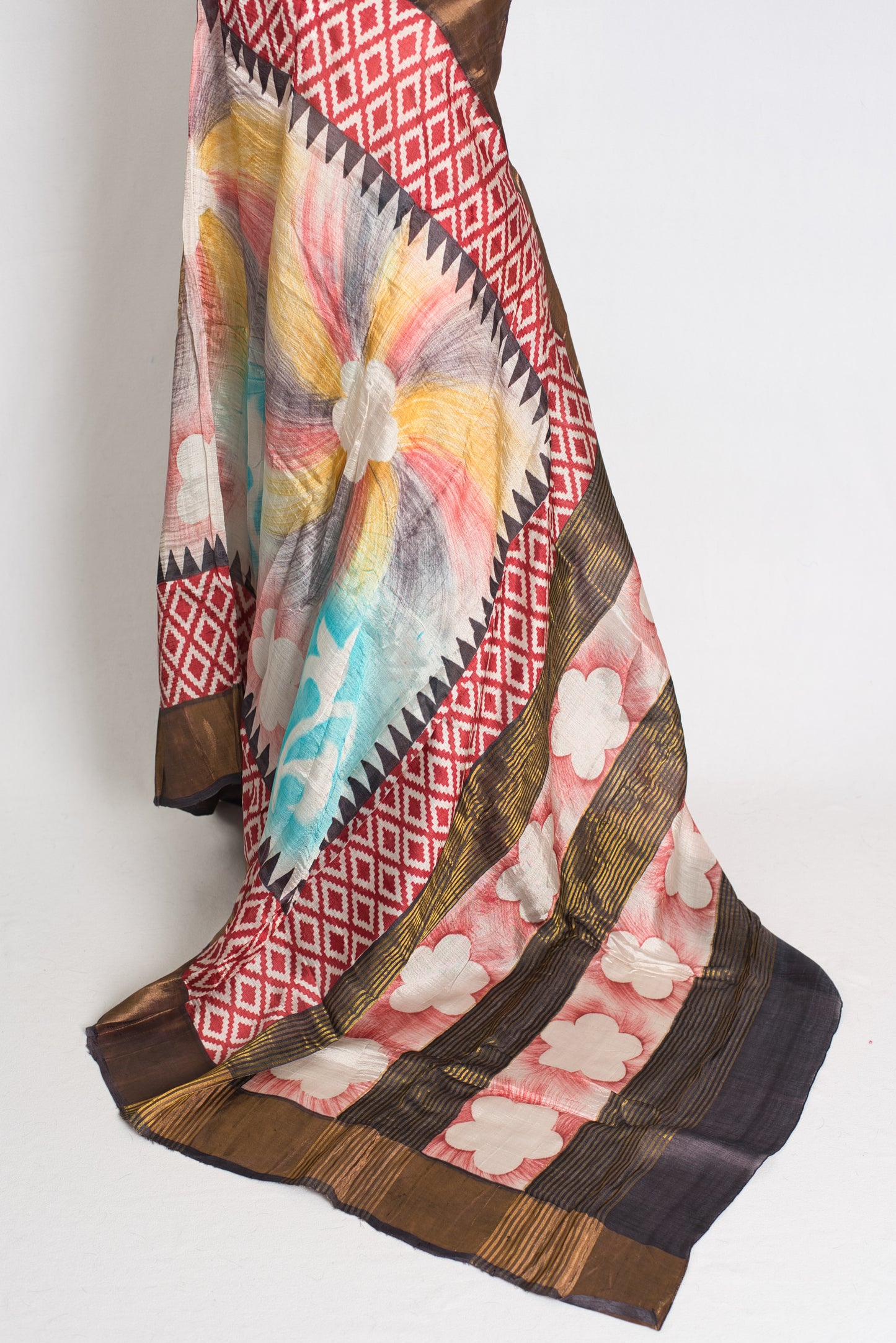 Mrinal : Hand Block Printed Matka by Tussar Silk Saree with Shibori Ikkat Print image 3