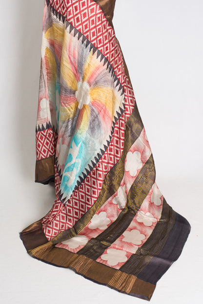 Mrinal : Hand Block Printed Matka by Tussar Silk Saree with Shibori Ikkat Print image 3