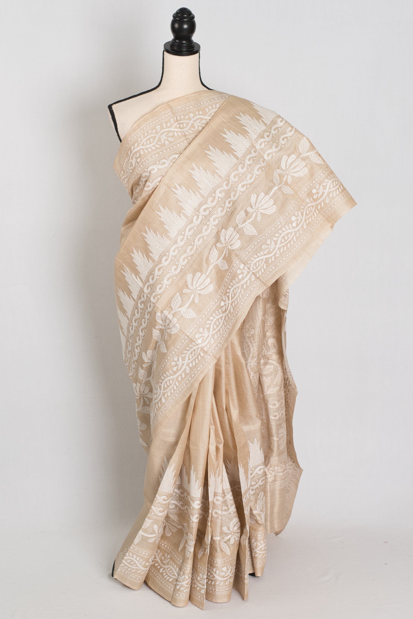 Dyuti : Silk Mark Certified Hand Embroidery Tussar Silk Saree in Beige and White image 0