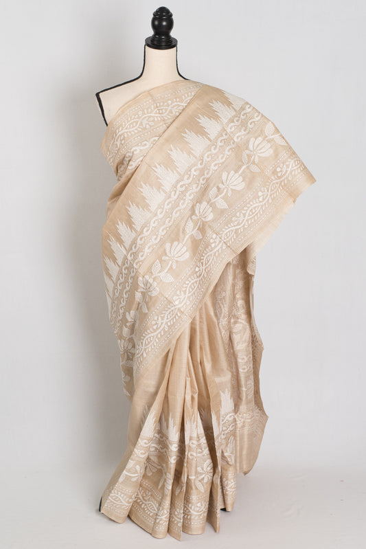 Dyuti : Silk Mark Certified Hand Embroidery Tussar Silk Saree in Beige and White image 0