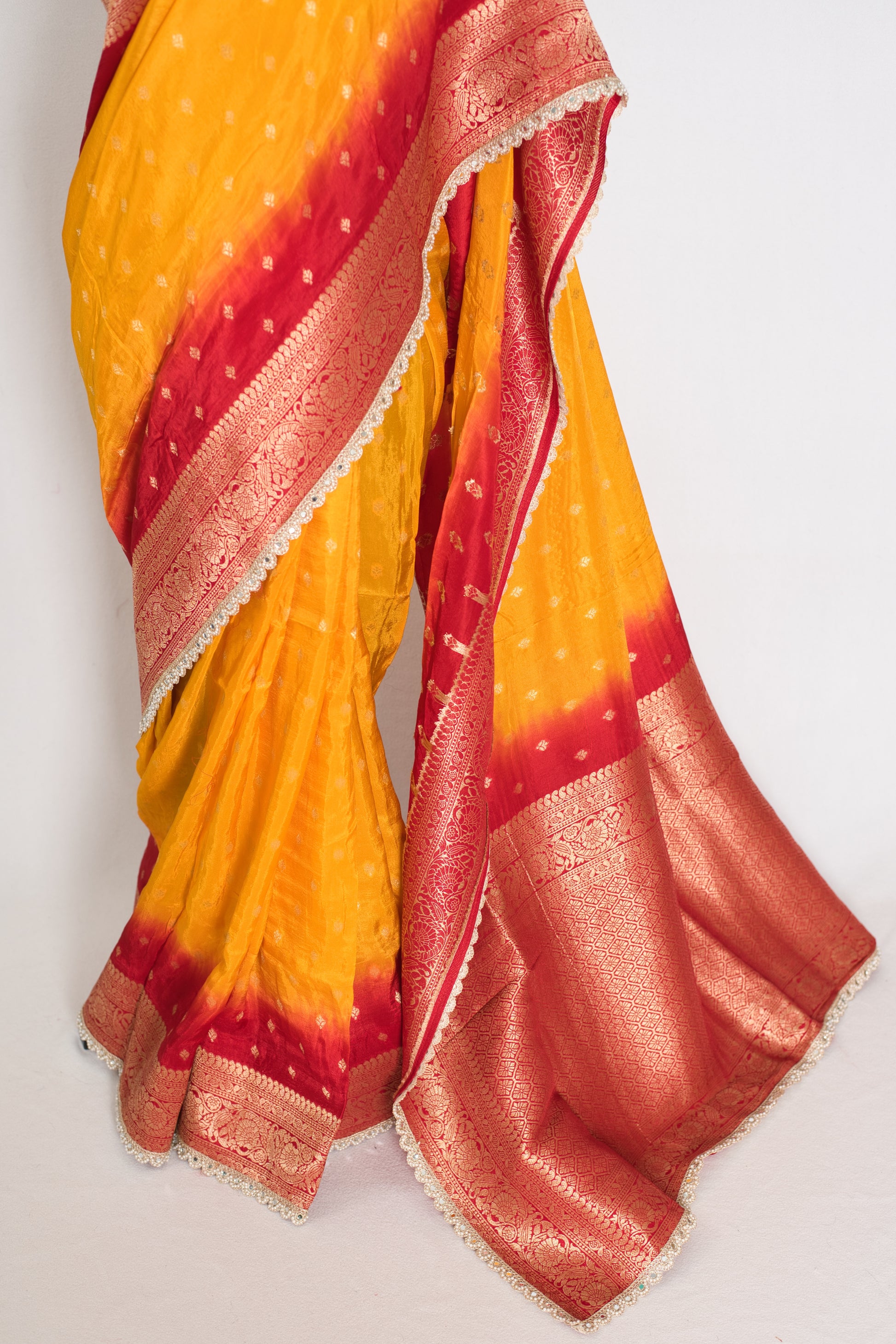 Mala | Yellow & Red Dola Silk Banarasi Saree | Soft & Flowy image 5