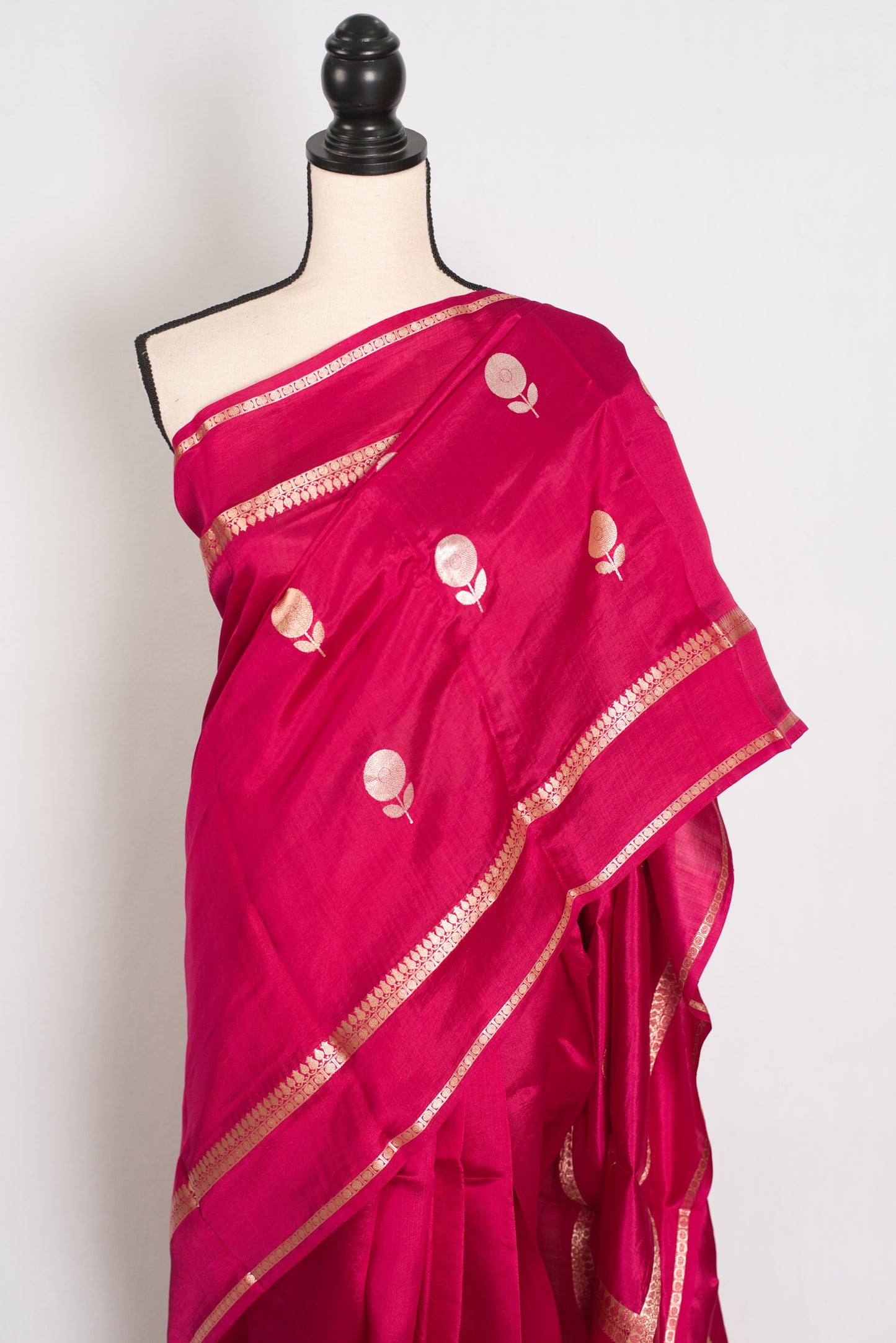 Gauri: Dark Pink Pure Katan Silk Banarasi Saree with Gold & Silver Zari Motifs image 5
