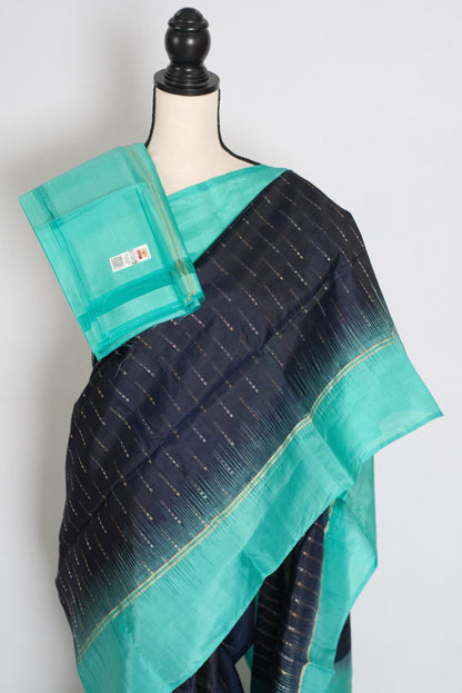 Shanti : Midnight Blue & Turquoise Pure Silk Kanjivaram Saree image 2