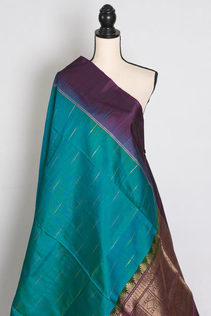 Neha : Peacock Green Dual-Tone Kanjivaram Silk Saree with Dark Purple image 4