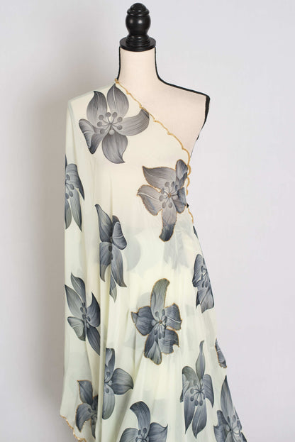 Nibha : Pale Yellow and Gray Floral Georgette Designer Embroidery Saree image 4