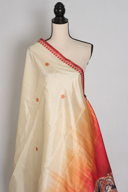 Durga: Cream and Red Semi Silk Printed Durga Puja Saree image 3